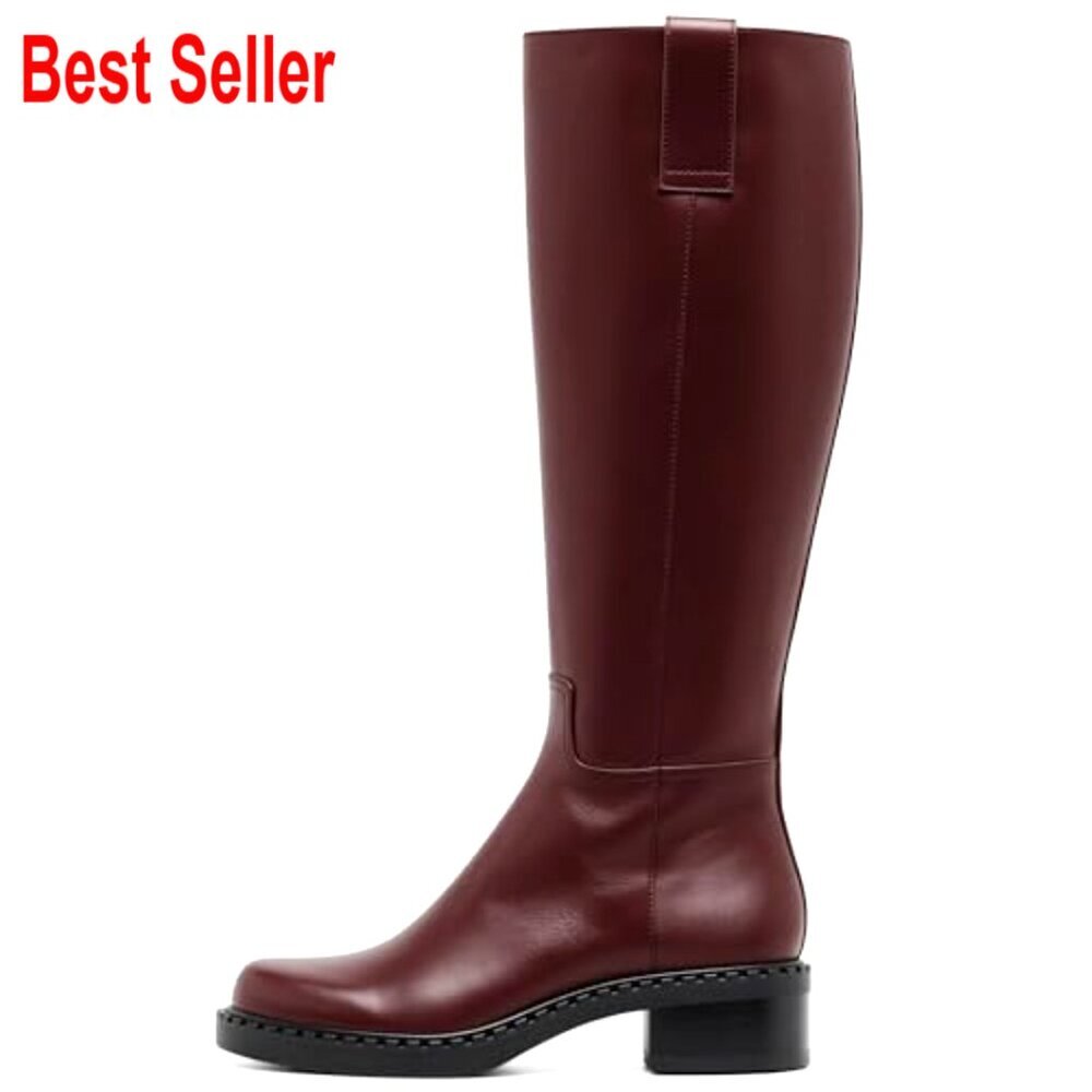 Faux Leather Knee High Boots Low Chunky Heel Round Toe Side Zipper - Picture 4 of 7